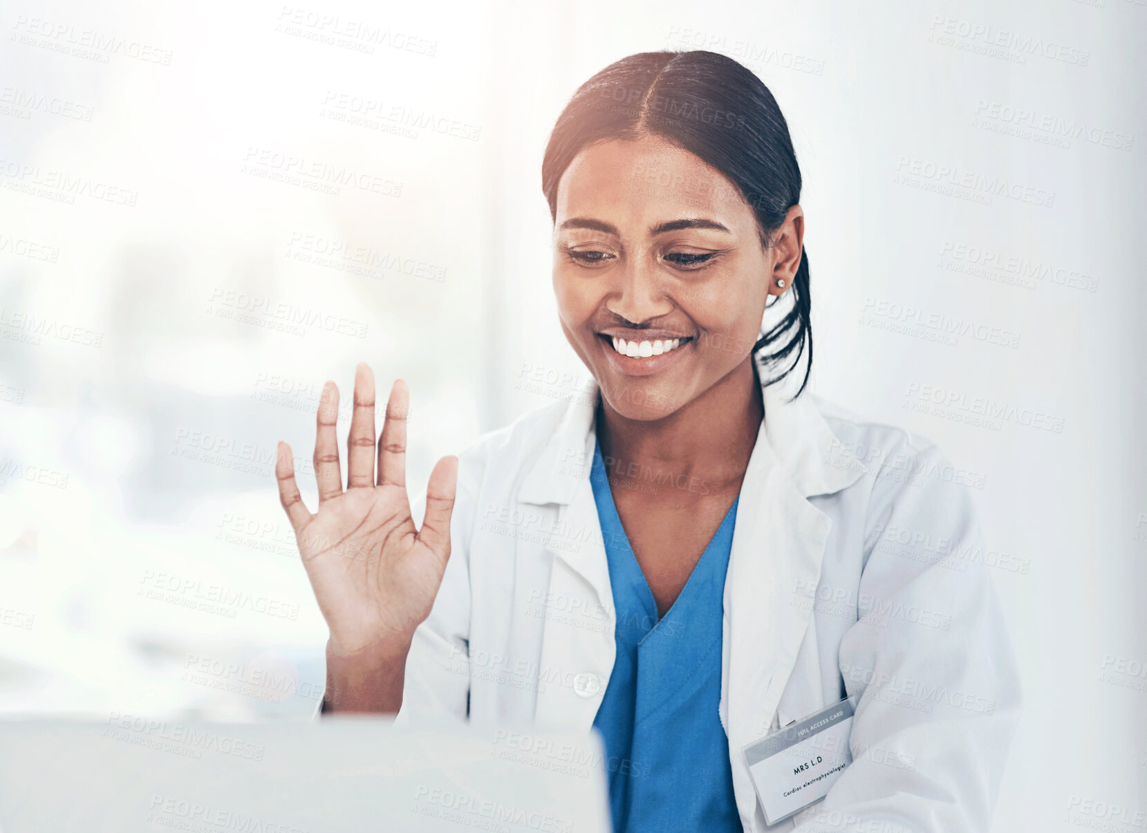 Buy stock photo Hand, hello and woman doctor on laptop video call for online consulting, help and advice in a hospital. Telehealth, hi and female healthcare expert on virtual consult or medical conference on space