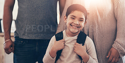 Buy stock photo Backpack, portrait and smile of boy with parents in home for back to school, education or learning. Excited, study of face of child student in apartment with mom and dad for start of scholarship