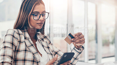 Buy stock photo Business, cellphone and woman with a credit card, online shopping and ecommerce in a modern office. Female person, employee and agent with payment, smartphone and internet connection for transaction