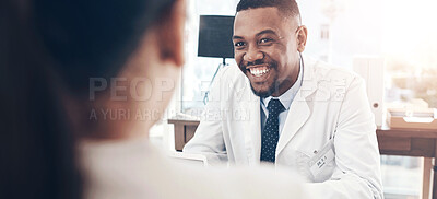 Buy stock photo Happy man, doctor or patient with consultation for appointment, checkup or health advice at clinic on banner. Male person, healthcare worker or client with smile for medical assistance, help or visit