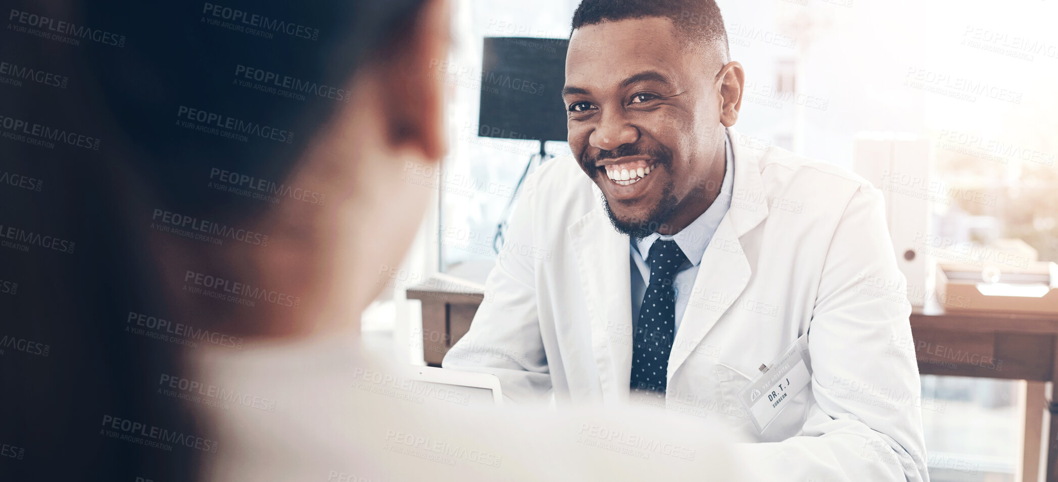 Buy stock photo Man, doctor and consulting patient with healthcare expert advice, results and communication. Medical professional, discussion and treatment for wellness, diagnosis and recovery at clinic in Nigeria