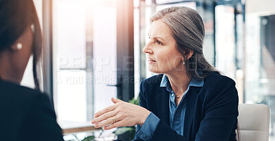 Buy stock photo Mature businesswoman, tablet and meeting in office with employee, planning and onboarding in company. Female ceo, recruitment and hand gesture at desk for agreement, support and contract or hiring