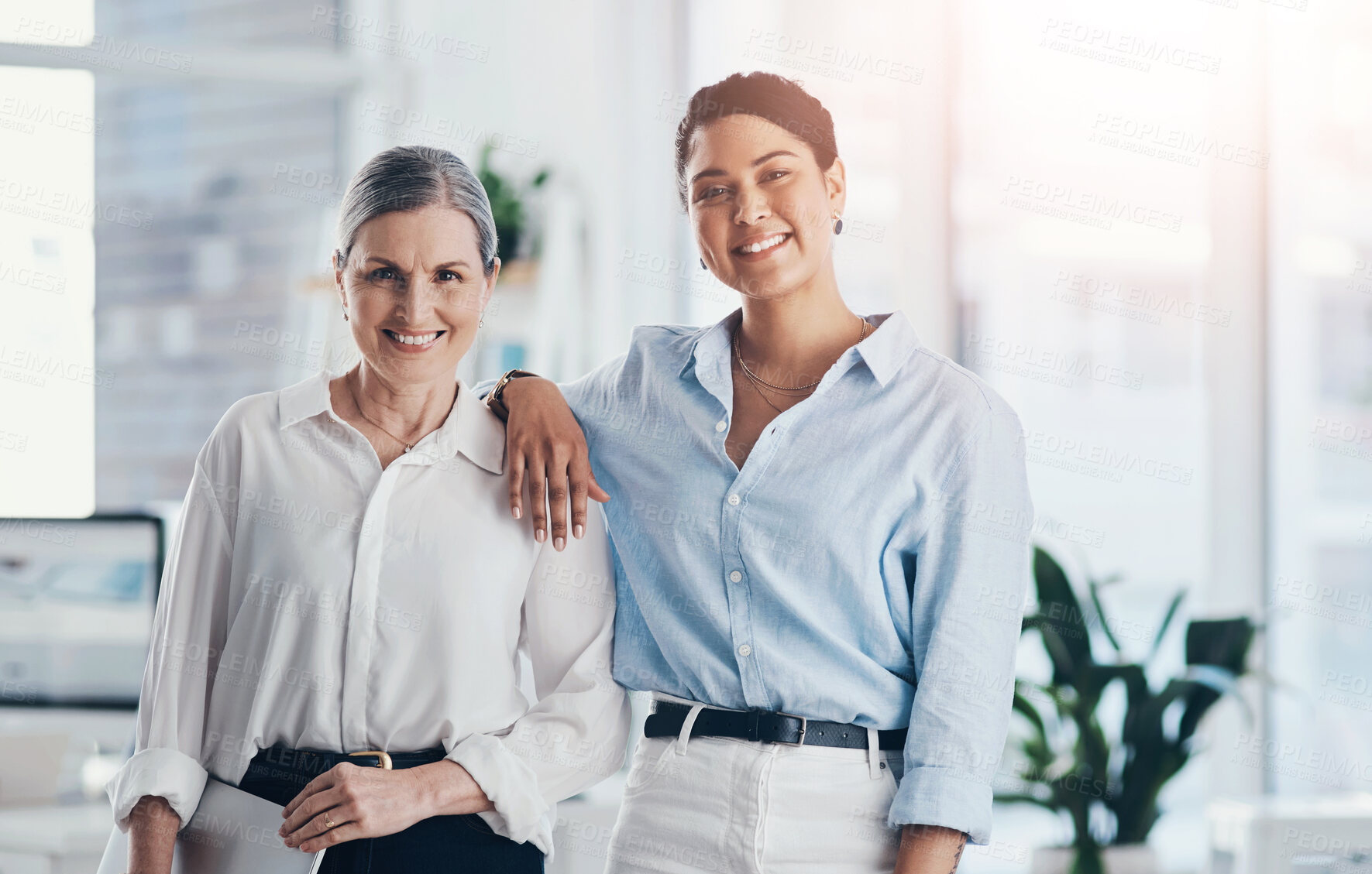 Buy stock photo Collaboration, portrait and smile with business people in office together for career development. Employee, mentor and teamwork with colleague women in professional workplace for partnership