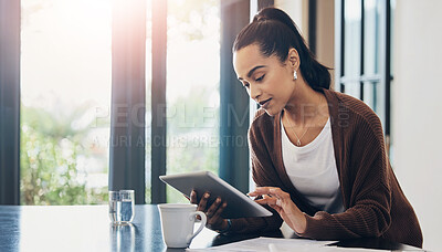 Buy stock photo Technology, woman with tablet and documents paying her bills online at her home. Payment or banking, budget or internet connectivity and female person with paper on kitchen counter of her house