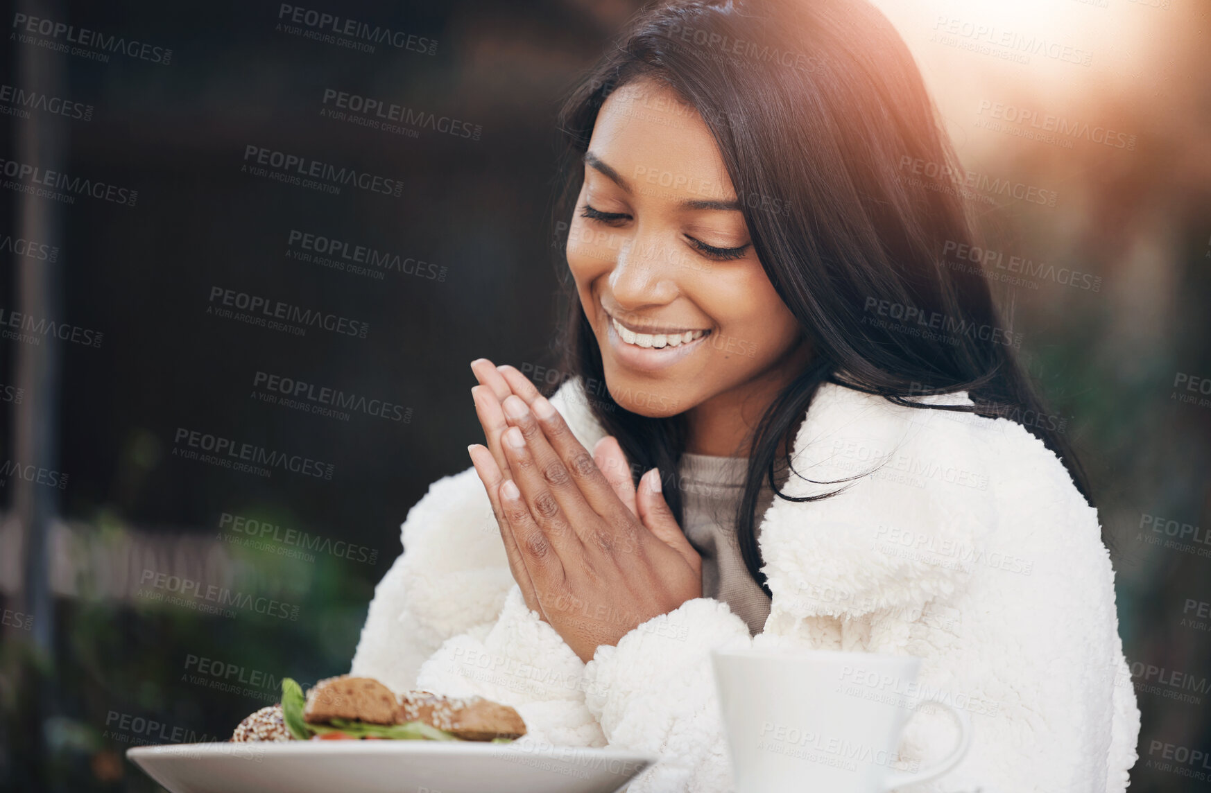 Buy stock photo Shot of a young woman having brunch