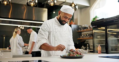 Buy stock photo Man, chef and happy with food in kitchen at restaurant for fine dining, meal and creativity. Male employee, professional and cooker with smile for culinarily, hospitality and catering service