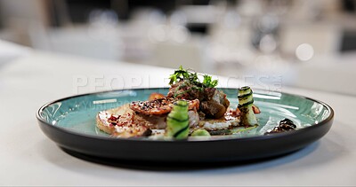 Buy stock photo Food, gourmet meal and fine dining on plate for display, luxury and fancy restaurant. Healthy protein, vegetables or presentation of dinner closeup in culinary school, catering service or hospitality