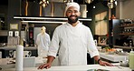 Man, head chef and portrait in kitchen for business, happy and smile in food restaurant with confidence. Culinary skills, hospitality industry and professional gastronomy, cook and service staff