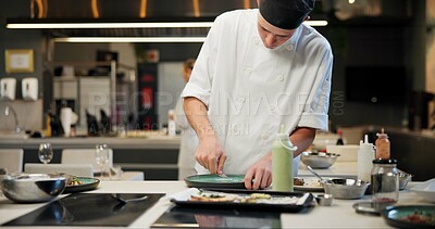 Buy stock photo Man, chef and employee with plate in kitchen at restaurant for fine dining, meal and creativity. Male person, professional and cooker with food for culinary, hospitality and catering service