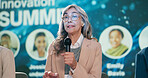 Stage, woman and speaker at convention as event host, panel discussion or guest with microphone. Summit, public speaking and person with speech at conference for innovation in climate change workshop