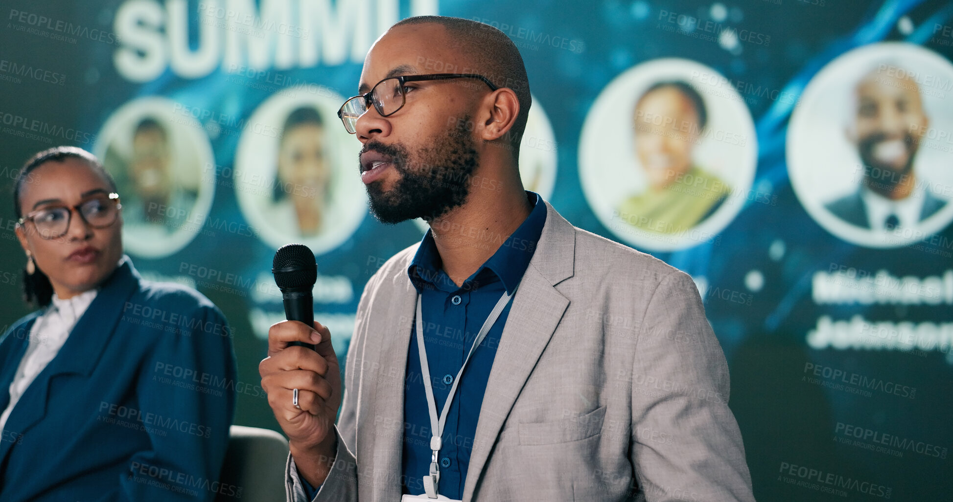 Buy stock photo Presentation, black man or talking at seminar for information, climate change or sustainability. Male researcher, representative or speaking at event for environment care, lecture or conference intro