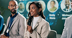 Business, summit and woman speaker talk, presentation and discussion for audience with leadership people. Innovation, microphone and tradeshow or public speaking, entrepreneur and panel presenter