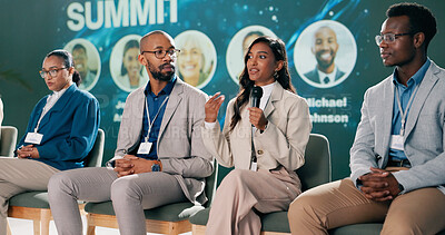 Seminar, presentation and group of business people on stage for coaching expert, event and convention in auditorium. Leadership, summit and speaker panel for networking workshop, tradeshow or speech