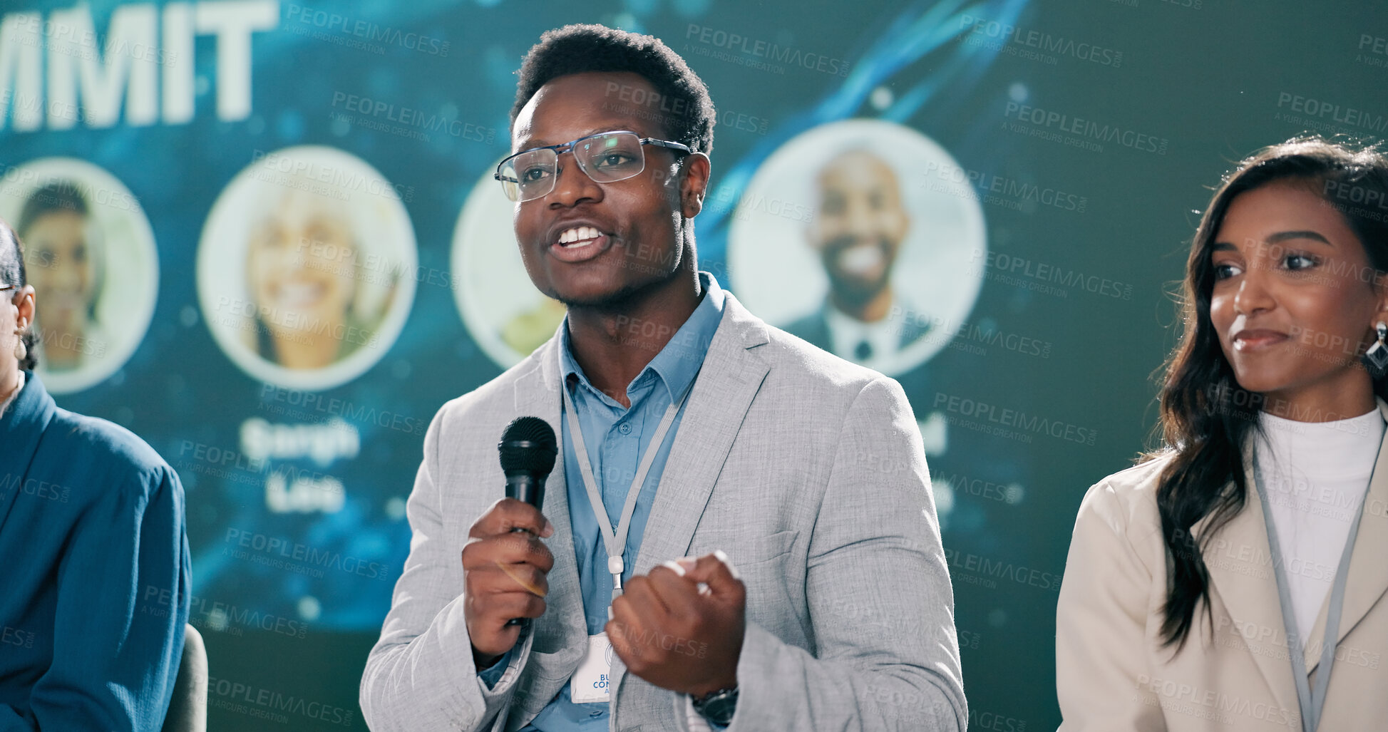 Buy stock photo Presentation, black man or talking at conference for information, climate change or sustainability. Male researcher, representative or speaking at event for environment care, lecture or seminar intro