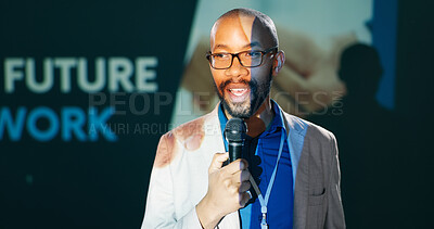 Conference, future and speech with man on stage for business seminar or workshop. Microphone, trade show and work with speaker on stage for presentation or public speaking event in auditorium