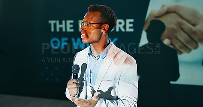 Buy stock photo Future, presentation and speech of man with microphone on stage for business or work seminar. Coaching, development and training with African speaker at event for conference or public speaking