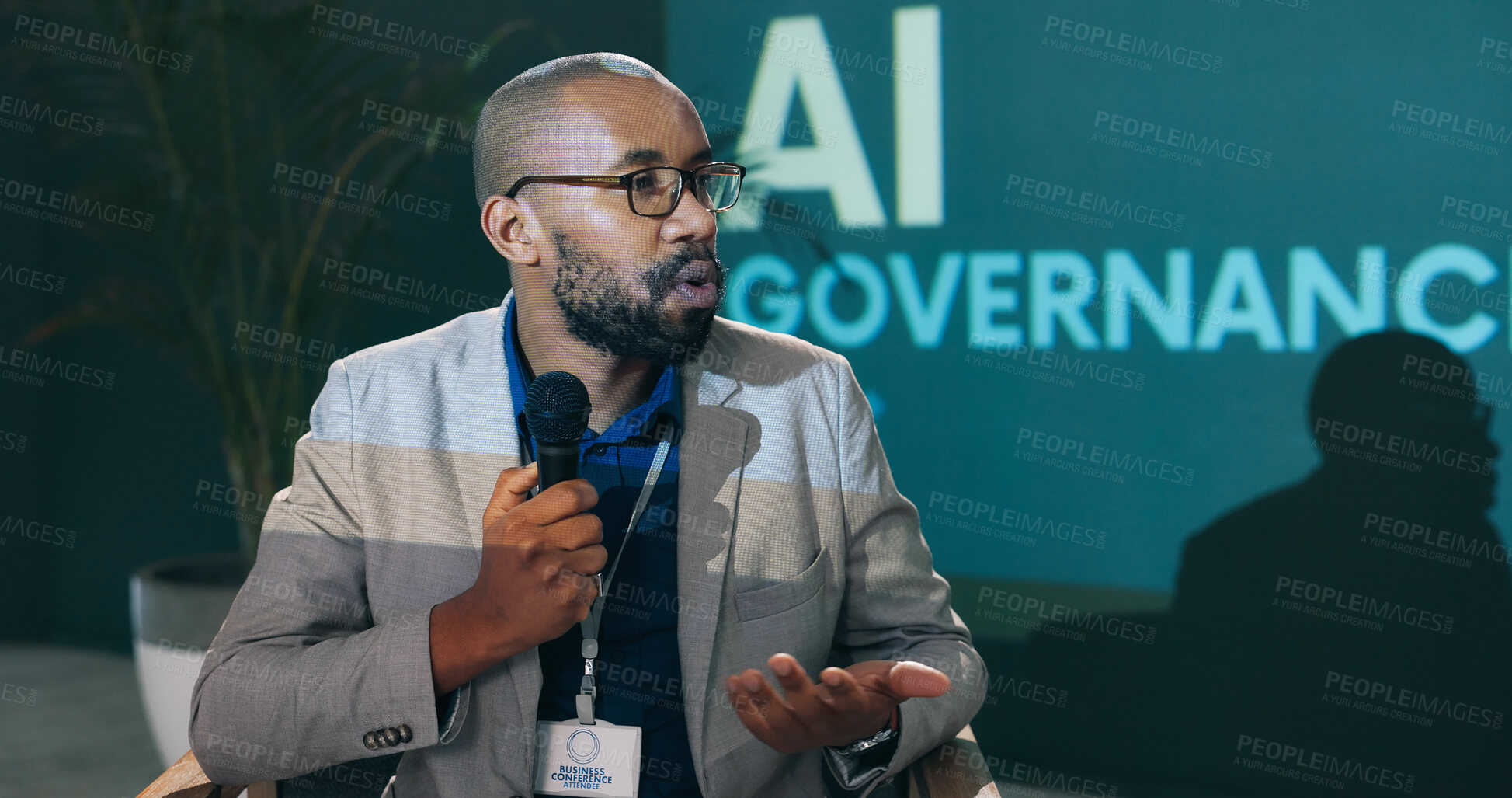 Buy stock photo Conference, presentation and black man with mic in discussion for event, workshop and future development. IT, seminar and person with speech for ai governance, ethical guidelines and machine learning