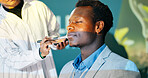 Makeup, man and tv presenter in studio preparing for public speaking or press interview on talk show. Beauty, stylist and African male news anchor with facial cosmetology for hosting event or seminar