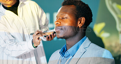 Buy stock photo Makeup, man and tv presenter in studio preparing for public speaking or press interview on talk show. Beauty, stylist and African male news anchor with facial cosmetology for hosting event or seminar