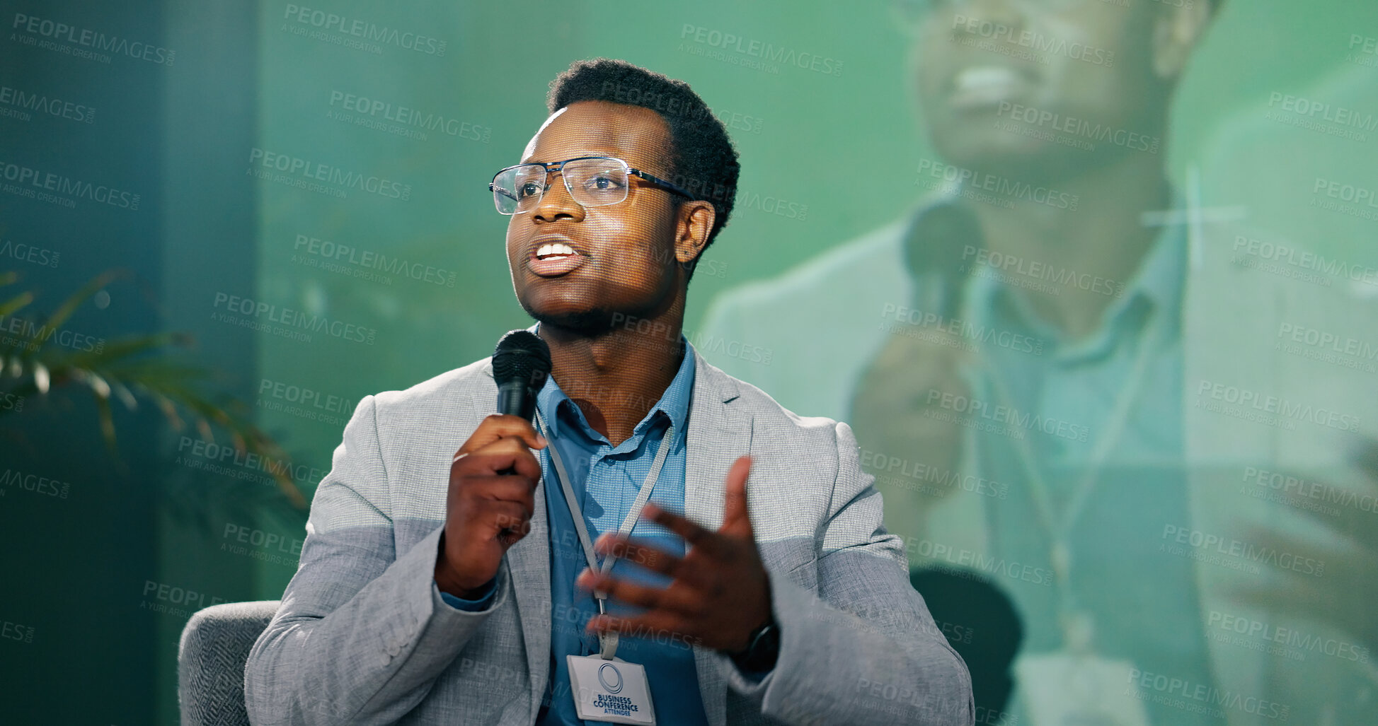 Buy stock photo Black man, business seminar and speaking for presentation, teaching and discussion at work conference. African presenter, microphone and speech for networking workshop, idea pitch and education forum