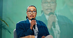 Conference, forum or speech and public speaking woman with microphone on stage for development seminar. Business, presentation and workshop with motivational speaker person in corporate auditorium