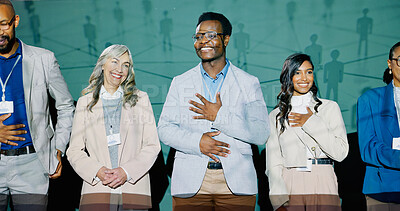 Buy stock photo Conference, stage and group of speakers at seminar for social demographics for birth rate information. Presentation, tradeshow and team of business people hosting at company sociology workshop.