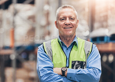 Buy stock photo Senior man, warehouse and portrait with arms crossed with storage, freight and factory success. Shipping, courier company and male worker with confidence from wholesale supplier management with smile