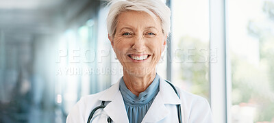 Buy stock photo Healthcare, doctor or mature woman in portrait with confidence, professional career and medical service. Hospital, female surgeon and experience with pride, assistance and about us with smile