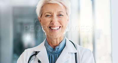 Buy stock photo Hospital, doctor or mature woman in portrait with confidence, professional career and medical service. Healthcare, female surgeon and experience with pride, assistance and about us with smile