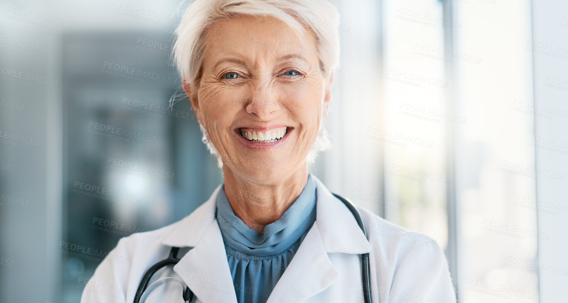 Buy stock photo Hospital, doctor or mature woman in portrait with confidence, professional career and medical service. Healthcare, female surgeon and experience with pride, assistance and about us with smile