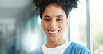Health care, nurse or woman in portrait with confidence, professional career and medical service. Clinic, female oncologist and experience with pride, assistance and about us with smile in hospital