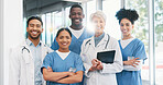 Happy people, portrait and doctor with healthcare team in confidence for support or trust at hospital. Group of medical employees with smile for health advice, about us or emergency service at clinic