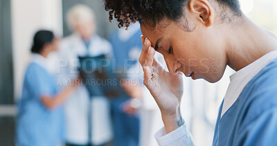 Buy stock photo African woman, nurse and fatigue in burnout, grief or mistake against glass window in hospital building. Frustrated physician, medical healthcare and person in stress, loss or headache at clinic