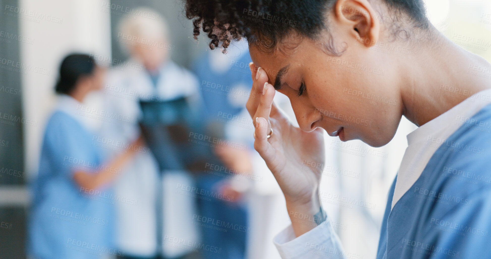 Buy stock photo African woman, nurse and fatigue in burnout, grief or mistake against glass window in hospital building. Frustrated physician, medical healthcare and person in stress, loss or headache at clinic