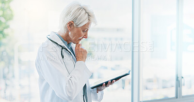 Buy stock photo Clinic, woman or doctor for thinking with tablet, medical treatment and cure online. Healthcare, mature oncologist and digital for report review, solution and planning for diagnosis with ideas