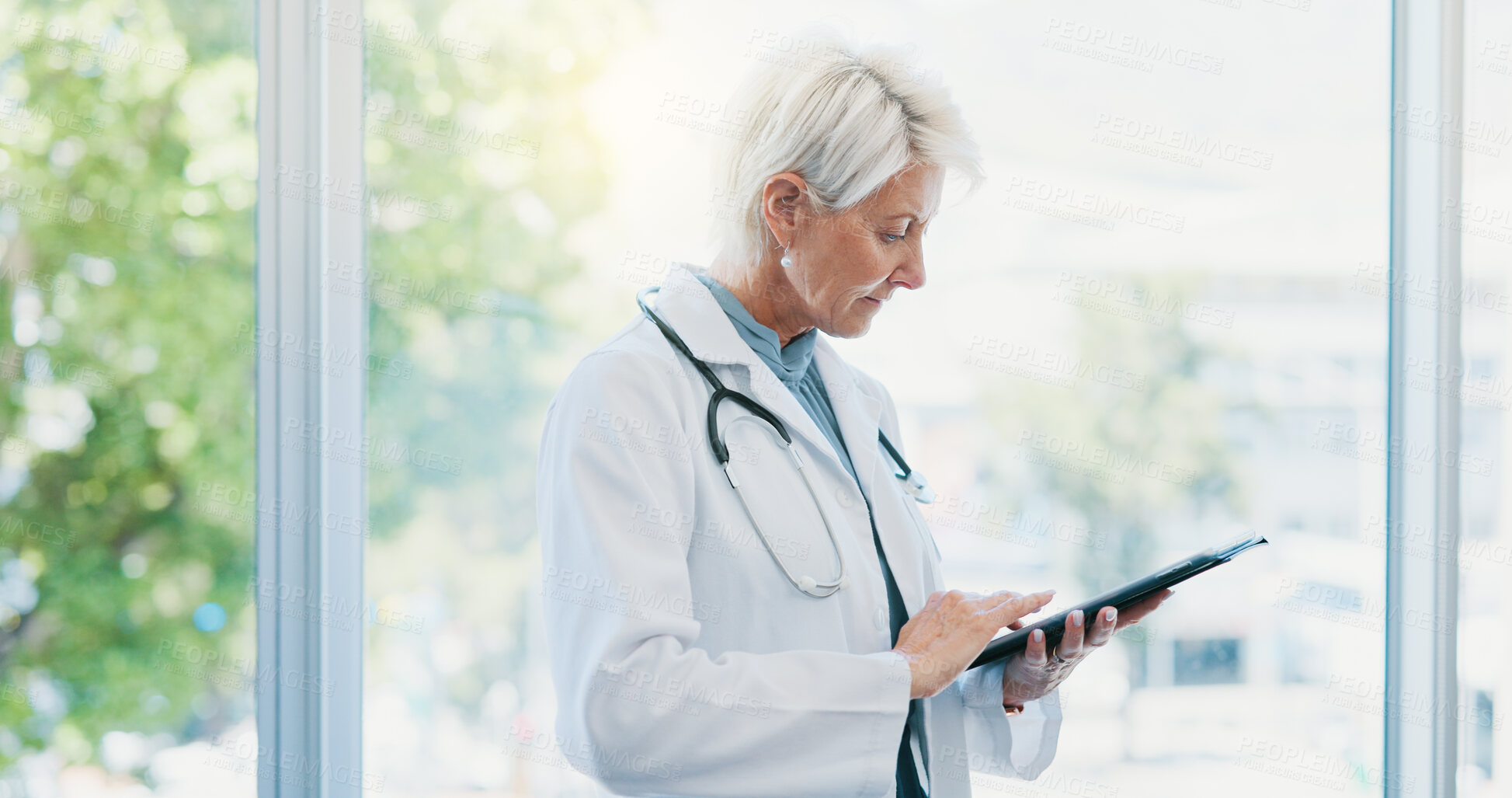 Buy stock photo Healthcare, tablet research and senior doctor for clinic management, checklist or digital results. Mature woman, professional person and medical technology with app for health, planning and solution