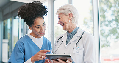 Buy stock photo Tablet, discussion and doctor with nurse in clinic for meeting research with laugh together. Hospital, internship and healthcare mentor with digital technology for feedback with medical student.