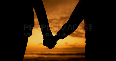 Buy stock photo Sunset, child silhouette and holding hands with back, family and love by beach with support on holiday. Vacation, outdoor and ocean with solidarity, calm and care together of parent and kid by sea