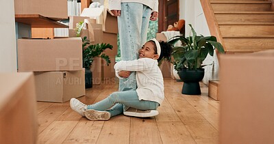 Buy stock photo Legs, new home and mother with girl, hug and happiness with expression, funny and time together. Closeup, real estate and family with parent, daughter and 