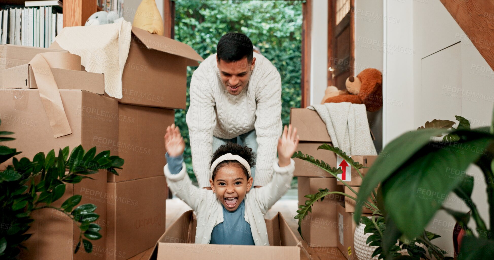 Buy stock photo Portrait, father and child with boxes for playful, bonding together and connection with cardboard in house. Family, dad and girl with moving in new home, unpacking and joyful with energy for game