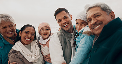 Buy stock photo Portrait, people and family in outdoor with children, development and learning for bonding. Kids, grandparents and playful in parenting, care and love with happiness, laughing and together in winter