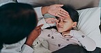 Flu, fever and mother with sick child for health, virus or infection symptoms in bedroom. Family, childcare and hands of parent with girl at home in bed to check temperature for cold, illness and flu