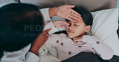 Buy stock photo Flu, fever and mother with sick child for health, virus or infection symptoms in bedroom. Family, childcare and hands of parent with girl at home in bed to check temperature for cold, illness or help