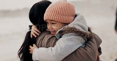 Buy stock photo Woman, girl and hug in outdoor for growth, child development and learning for bonding. Kid, mother and playful in parenting, care and love with happy, embrace and together as family in winter holiday