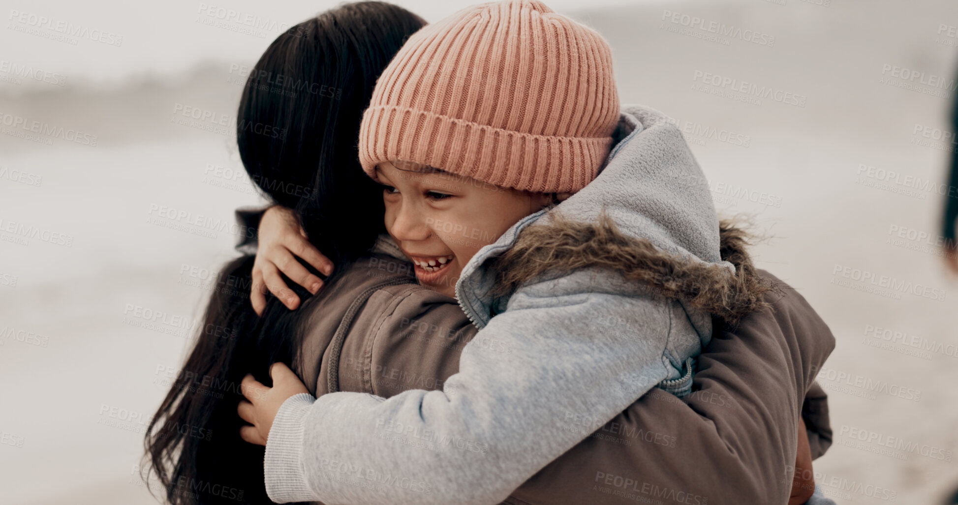 Buy stock photo Woman, girl and hug in outdoor for growth, child development and learning for bonding. Kid, mother and playful in parenting, care and love with happy, embrace and together as family in winter holiday