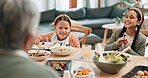 Girls, family and happy in dinner table at home with food for thanksgiving, reunion and gathering. People, smile and fun with bonding for love, support and care in living room for celebration