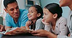 Book, night and storytelling with family in bedroom of home together for bonding, love or reading. Education, learning or thinking with mom, dad and kids on bed in apartment for child development