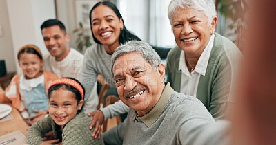 Buy stock photo Family, home and smile with selfie for lunch in table for memories, profile picture and social media. People, generations and parents with kids on portrait for love, support and care for thanksgiving