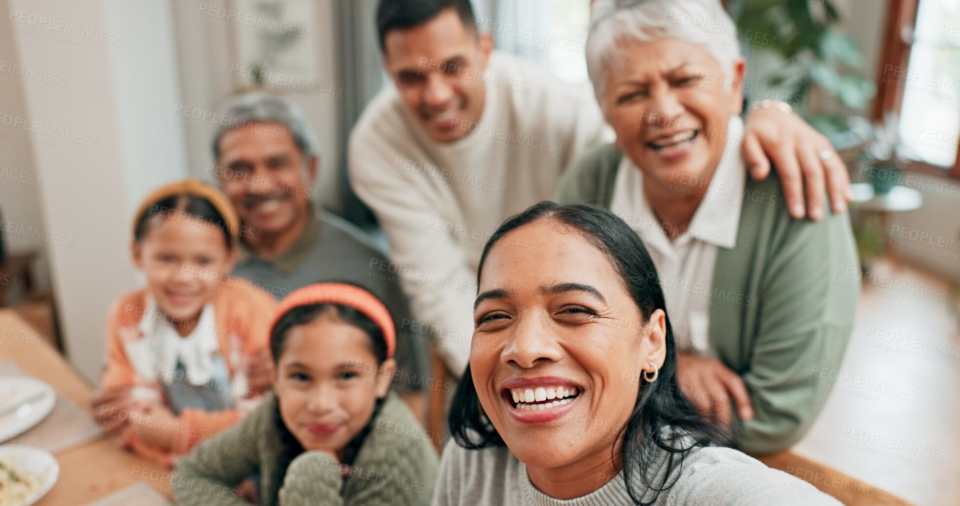 Buy stock photo Family, house and happy with selfie for dinner in table for memories, profile picture and social media. People, grandparents and kids with bonding for love, support and care on thanksgiving gathering