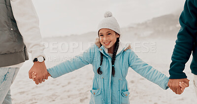 Buy stock photo Family, girl and holding hands in outdoor for travel, child development and adventure for bonding. Kid, parents and playful with walking, care and love in happiness, fun and together on beach holiday